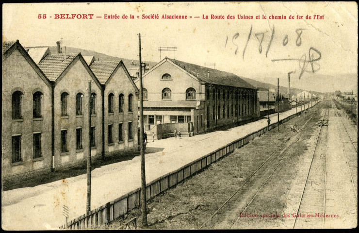 Belfort, entrée de la Société Alsacienne, la route des usines et le Chemin de fer de l'Est.