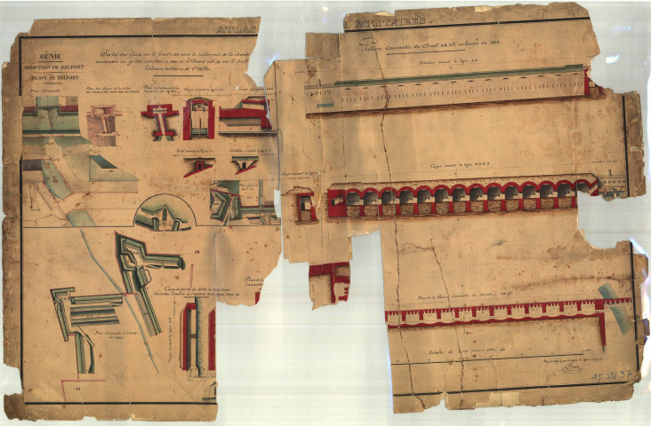 Atlas des fortifications, Sortie des eaux sur le front 7-46 ; galerie casematée du front 34-35
achevée en 1836