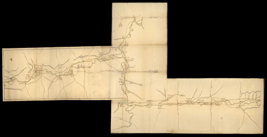 Bassin de l'Allaine. Plan de la rivière de l'Allaine et des ruisseaux qui s'y jettent (sans date, [vers 1760]). Rectification d'un déversoir établi sans autorisation à Grandvillars pour servir à l'arrosement des prairies et opposition à ce sujet entre le seigneur du lieu et les propriétaires de ces prairies (1782-1786). Plan et observations sur le curage et l'élargissement de la rivière au ban de Delle (1757). Plan du redressement de la route et de la rivière à Bourogne et de la route Belfort-Porrentruy (1757-1775).