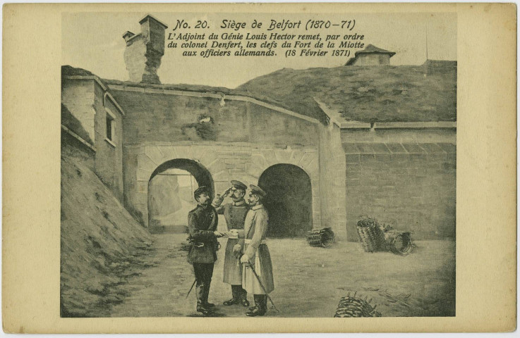 Siège de Belfort (1870-71), l'adjoint du Génie Louis Hector remet, par ordre du colonel Denfert, les clefs du Fort de la Miotte aux officiers allemands (18 février 1871).