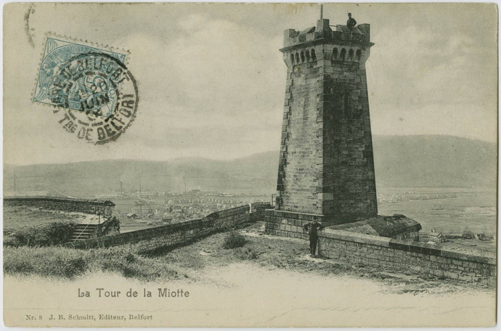 Belfort, la Tour de la Miotte [1ère reconstruction, perspective en direction du Salbert, vue assez net sur le quartier des usines en plein développement].