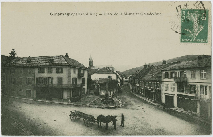 Giromagny (Haut-Rhin), place de la mairie et la Grande-Rue.