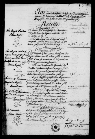 Comptes de l'intendant Jacques Reiset, situation de sa caisse au 1er juillet 1767 et pièces justificatives.