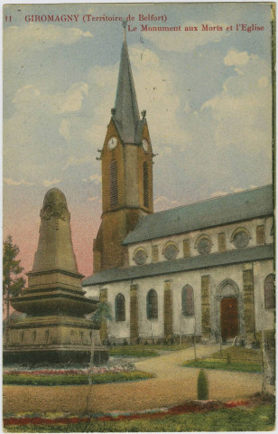 Giromagny (Territoire de Belfort), le monument aux Morts et l'église.