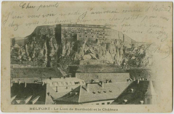 Belfort, le Lion de Bartholdi et le château.