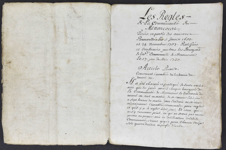 Règles de la communauté renouvelées les 5 janvier 1650 et 24 novembre 1707 et ratifiées le 17 mars 1730, cahier comprenant 10 pages.