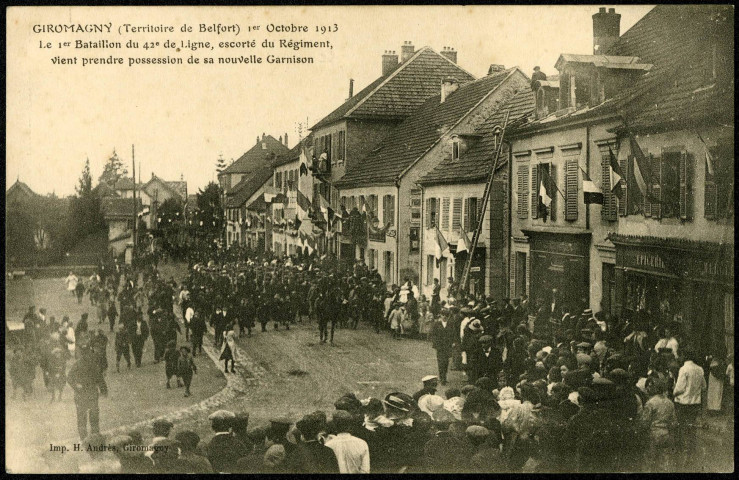 Giromagny, 1er octobre 1913, le 1er Bataillon du 42e de Ligne, escorté du Régiment, vient prendre possession de sa nouvelle garnison.