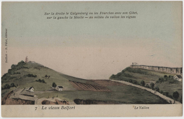 Le vieux Belfort, le Vallon, sur la droite le Galgenberg ou les Fourches avec son gibet, sur la gauche la Miotte - au millieu du vallon les vignes.