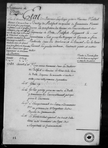 Comptes de monsieur Noblat, bailli de Belfort: frais et dépenses faites par ledit Noblat pour l'établissement du terrier de Delle, de Belfort et du Rosemont (1741-1748), recettes et dépenses, pièces justificatives (1766-1772).