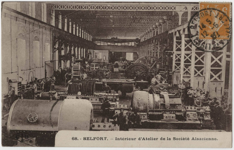 Belfort, intérieur d'atelier de la Société Alsacienne [installation pour l'essai de turbines à vapeur].