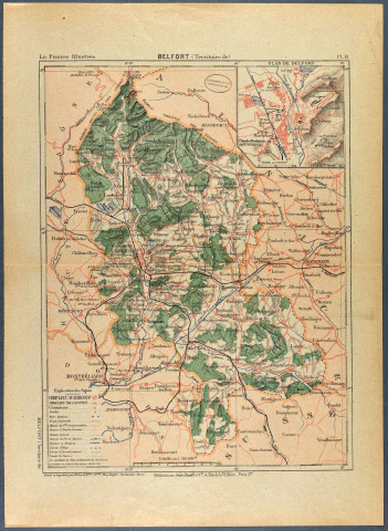 Belfort et le Territoire-de-Belfort, carte du département et de ses limites avec les départements du Haut-Rhin, du Doubs, des Vosges et de la Suisse. Plan de la ville.