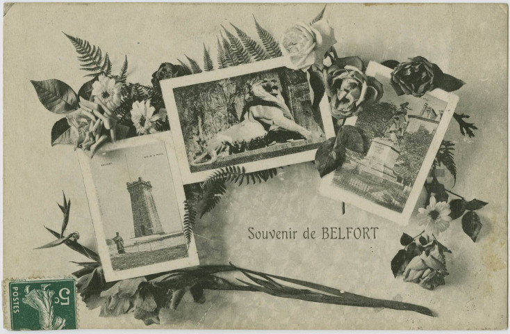 Souvenir de Belfort, [mosdaïque de 3 vues], tour de la Miotte, [le Lion, statue Quand-Même].