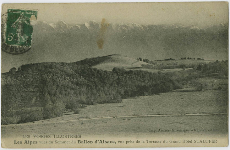 Les Vosges illustrées, les Alpes vues du sommet du Ballon d'Alsace, vue prise de la terrasse du Grand Hôtel Stauffer.