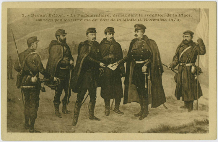Siège de Belfort (1870-71), devant Belfort, le Parlementaire, demandant la reddition de la Place, est reçu par les officiers du Fort de la Miotte (4 novembre 1870).