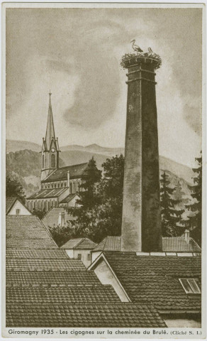 Giromagny, 1935, les cigognes sur la cheminée du Brûlé.