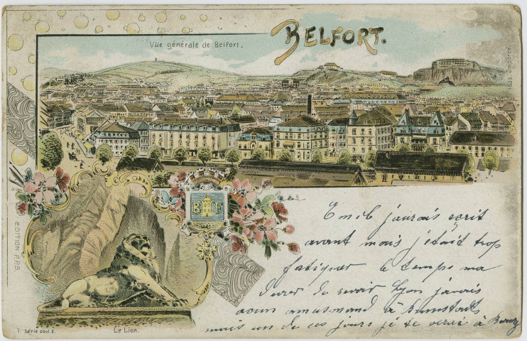 Belfort, vue générale, le Lion [mosaïque de 2 dessins].