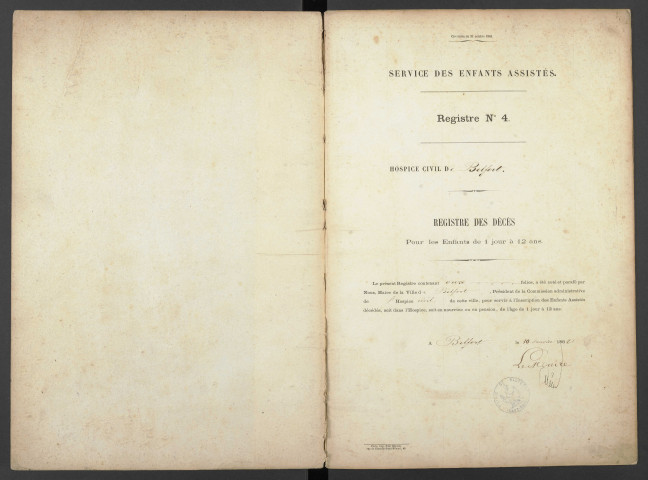 Hospice de Belfort (registre n°4). Registre des décès des enfants âgés de 1 jour à 12 ans (concerne les matricules 3924 à 5641).