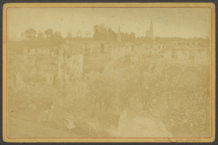 Guerre franco-allemande (1870-1871), siège de Strasbourg, aspects des conséquences d'opérations militaires sur la ville et ses environs immédiats, v. 1871.