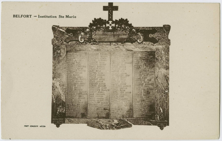 Belfort, Institution Ste Marie, plaque commémorative aux anciens élèves morts pendant la Guerre 1914-1918.