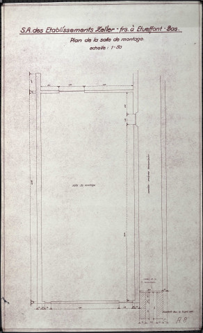 Etueffont-Bas, "Société Anonyme des Etablissement Zeller Frères", plan de la salle de montage (plan de masse), 7 avril 1948.