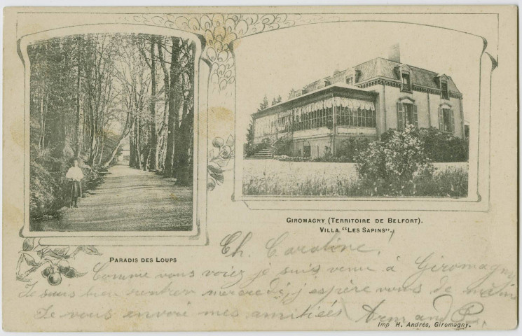 Giromagny (Territoire de Belfort), [mosaïque de 2 vues], villa Les Sapins, Paradis des Loups.