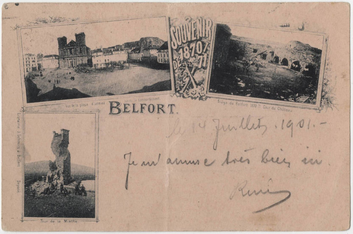Belfort, souvenir de 1870-71, [mosaïque de 3 vues], vue de la place d'Armes, siège de Belfort 1870-71 cour du château, tour de la Miotte.