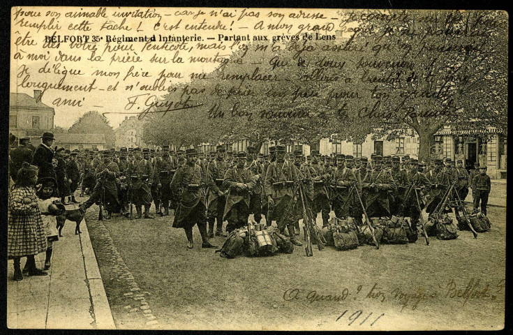 Belfort, 35e Régiment d'Infanterie partant aux grèves de Lens.