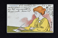 [Portrait d'une femme écrivant une lettre avec une plume], correspondance.