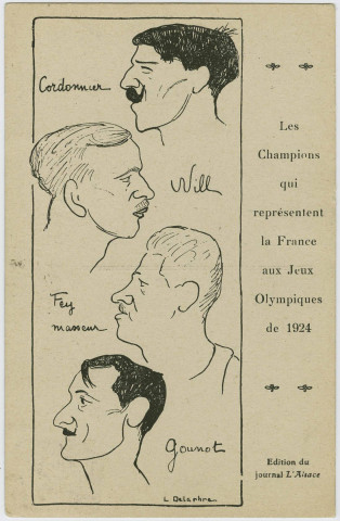 Les champions qui représentent la France aux Jeux Olympiques de 1924 : Cordonnier, Nill, Fey masseur, Gounot par Léon Delarbre.