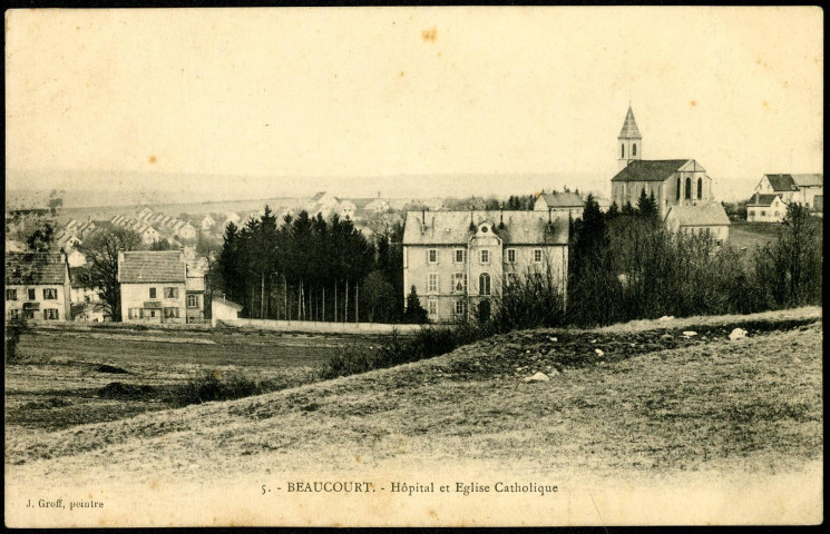 Beaucourt, hôpital et église catholique.