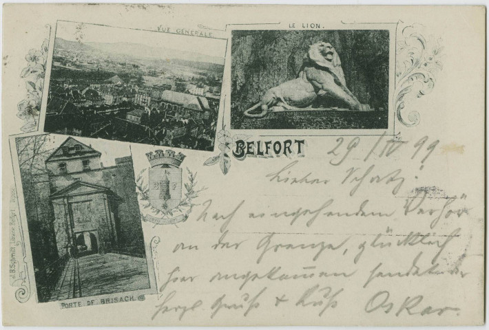 Belfort, [mosaïque de 3 vues], vue générale, le Lion, Porte de Brisach.