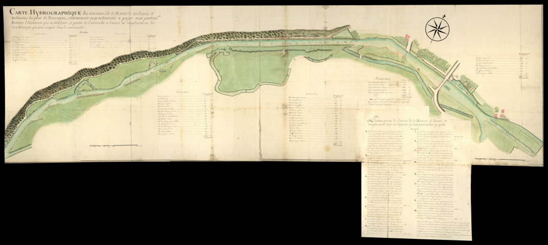 Bassin de l'Allaine. Plan de la rivière de l'Allaine et des ruisseaux qui s'y jettent (sans date, [vers 1760]). Rectification d'un déversoir établi sans autorisation à Grandvillars pour servir à l'arrosement des prairies et opposition à ce sujet entre le seigneur du lieu et les propriétaires de ces prairies (1782-1786). Plan et observations sur le curage et l'élargissement de la rivière au ban de Delle (1757). Plan du redressement de la route et de la rivière à Bourogne et de la route Belfort-Porrentruy (1757-1775).