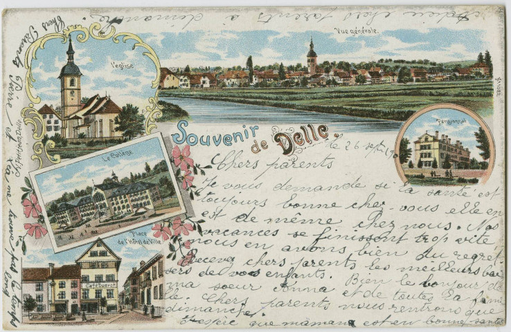 Souvenir de Delle, [mosaïque de 5 dessins], l'église, vue générale, le collège, pensionnat, place de l'Hôtel de ville.