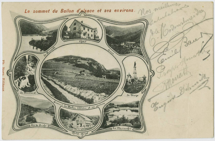 Le sommet du Ballon d'Alsace et ses environs [mosaïque de 9 vues : le réservoir, l'hôtel, Sewen, le Rummel, le sommet du Ballon et ses environs, la vierge, lac des Perches, chalet Boigeol, les Neuweiher.