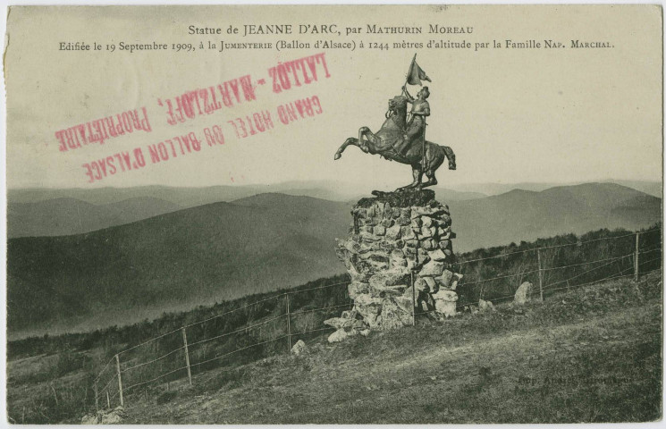 Statute de Jeanne d'Arc, par Mathurin Moreau, édifiée le 19 septembre 1909, à la jumenterie (Ballon d'Alsace) à 1244 mètres d'altitude par la famille Nap. Marchal.