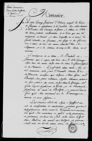Fêche-l'Eglise : procédure entre Gaspard Barbaut de Florimont et les consorts de Schauenburg et ceux de Joseph-Xavier de Ferrette, la duchesse de Mazarin intervenant de manière indéterminée au procès (1764-1787), mémoires, requêtes, copies d'actes relatifs à un litige entre les ducs de Mazarin et monsieur de Barbaut de Florimont qui prétendait avoir des droits sur le ban de la communauté et celui de Châtenois, où il exploitait indûment une mine (1700-1767).