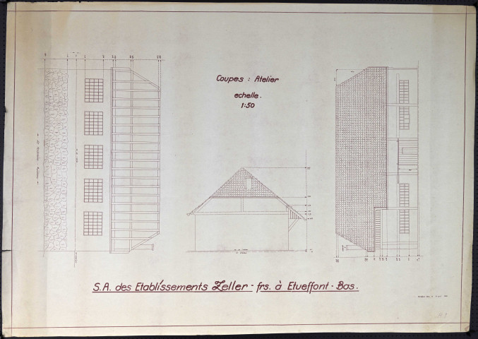 Etueffont-Bas, "Société Anonyme des Etablissement Zeller Frères", plan (élévations), atelier, 11 août 1948.
