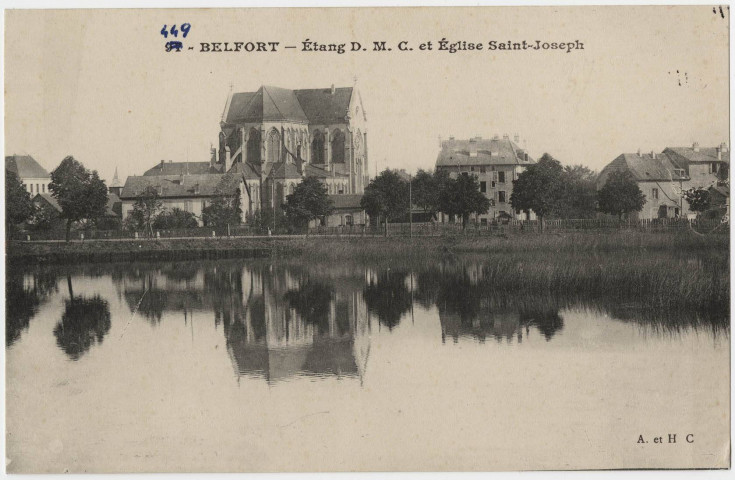 Belfort, étang D.M.C. et église Saint-Joseph.