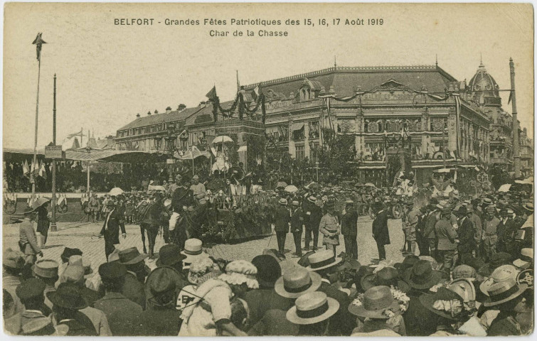 Belfort, grandes fêtes patriotiques des 15, 16, 17 août 1919, char de la chasse.
