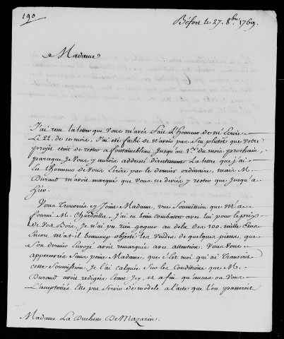 Lettres adressées à la duchesse de Mazarin et à monsieur Durand, son intendant, par le sieur Duval, agent à Belfort.