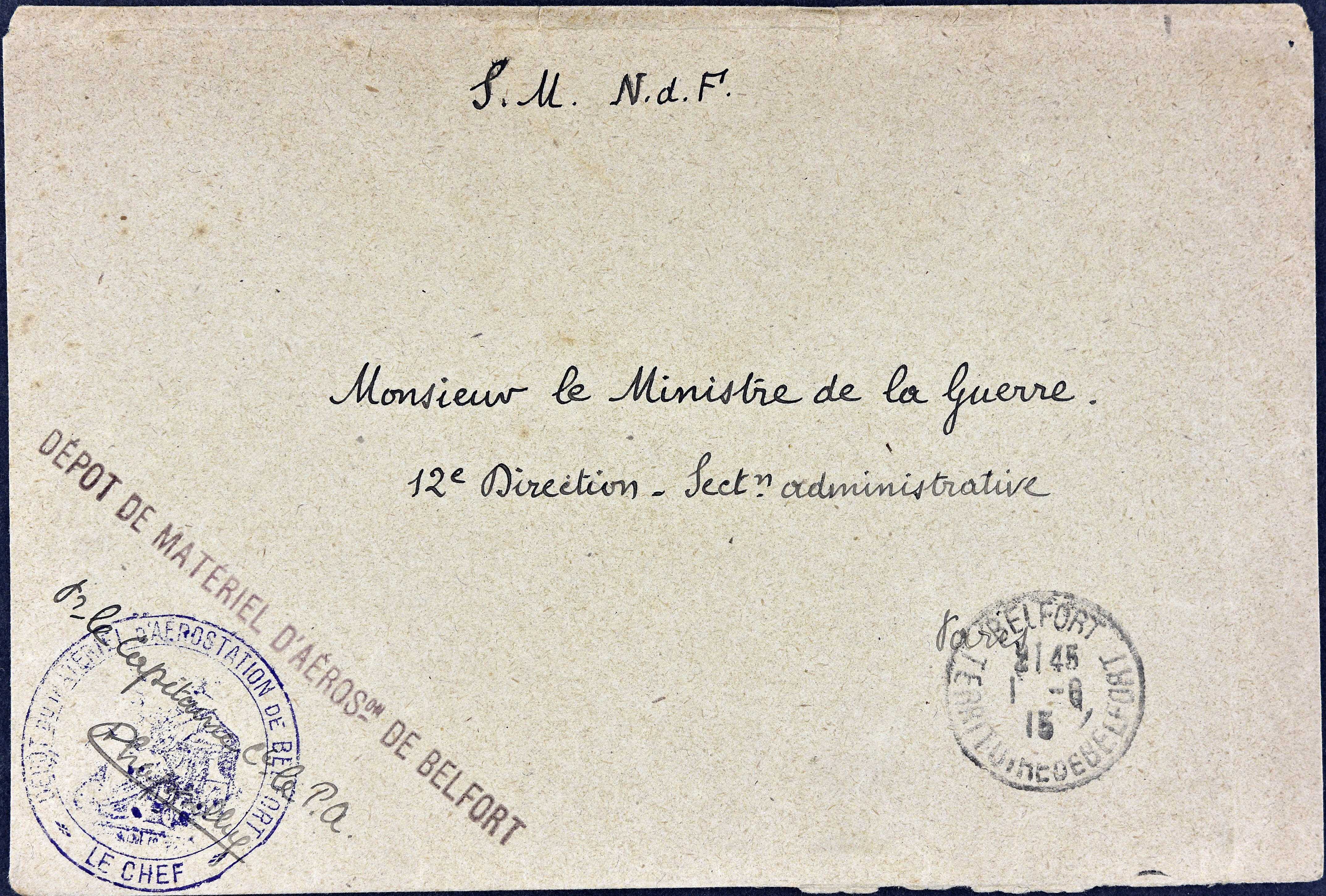 Belfort, Centre aéronautique militaire, Champ-de-Mars [Parc-à-Ballon], enveloppes adressées aux autorités militaires, 10 mai-26 décembre 1915.