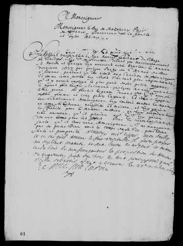 Supplique de Jean Marner demandant un secours sa maison ayant été détruite par la guerre (29 décembre 1678 ; apostille du duc de Mazarin accordant le secours), soumissions de la communauté (juillet-octobre 1760).