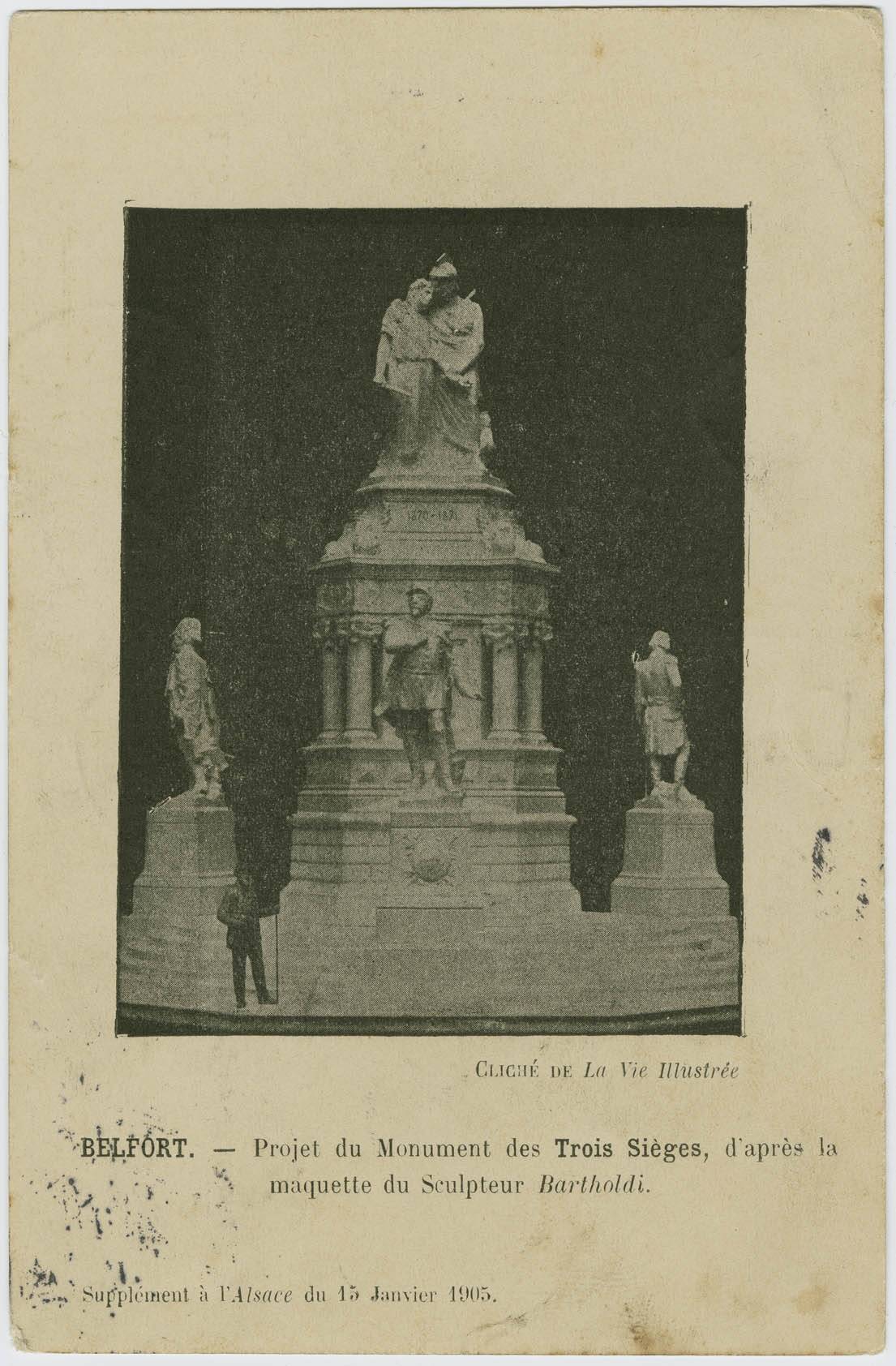 Belfort, projet du monument des Trois Sièges, d'après la
                                maquette du sculpteur Bartholdi.