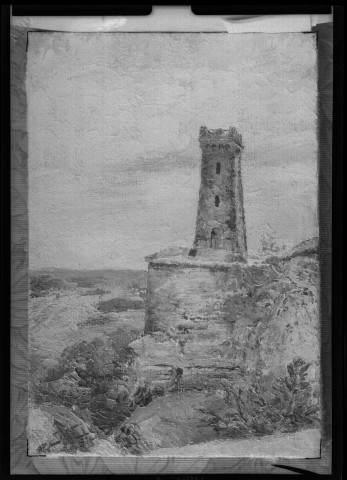 Tableau représentant la tour de la Miotte, signature « JICI 1934 » : négatif souple 12,6x17,6 cm.
