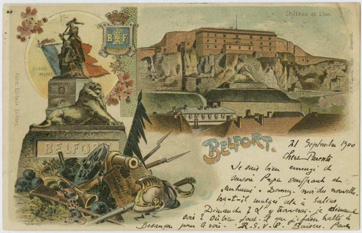 Belfort, [mosaïque de 2 gravures, blason de Belfort], Quand Même et Lion, château et Lion.