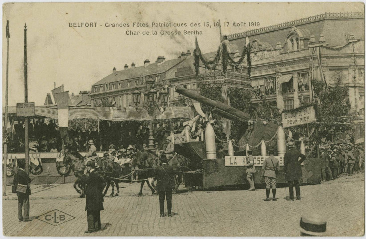 Belfort, grandes fêtes patriotiques des 15, 16 17 août 1919, char de la Grosse Bertha.