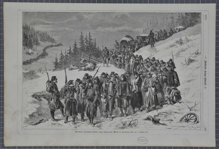 Soldats français escortés par des militaires suisses, le 3 février 1871, vers Neuenburger dans le Jura.