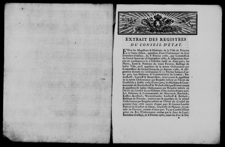 Arrêt du Conseil déboutant les communes du comté de Ferrette de leur appel contre l'ordonnance du 8 février 1760.