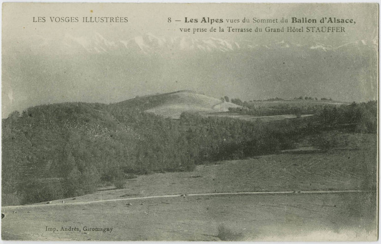 Les Vosges illustrées, les Alpes vues du sommet du Ballon d'Alsace, vue prise de la terrasse du Grand Hôtel Stauffer.