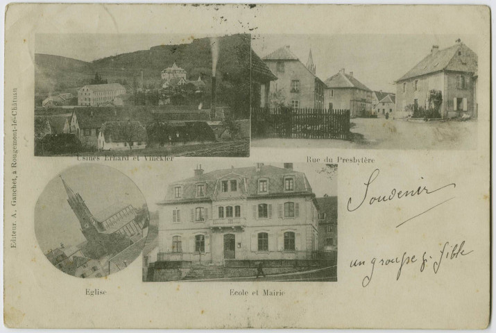 [mosaïque de 4 vues], Usines Erhard et Vinckler, rue du presbytère, église, école et mairie.
